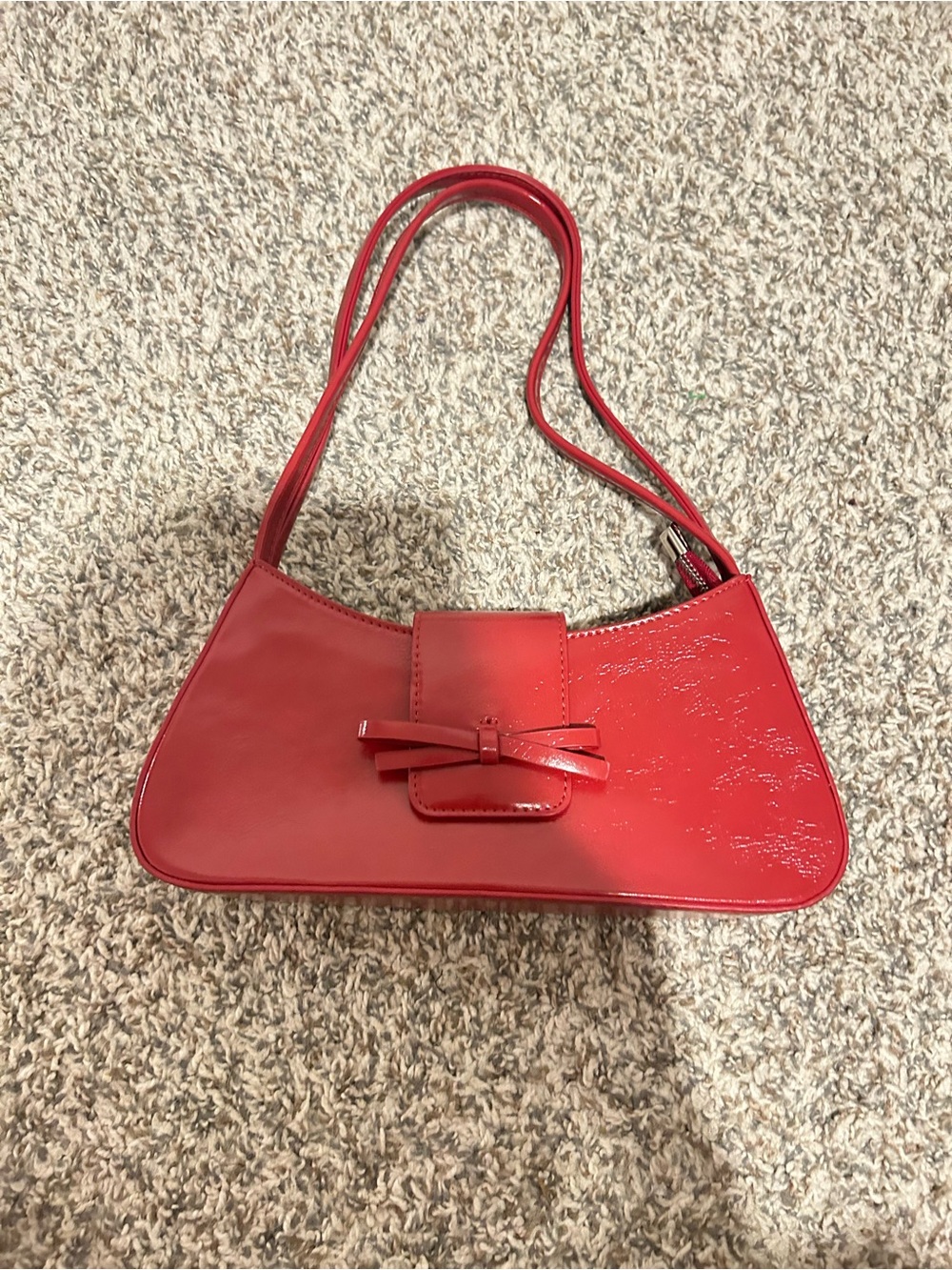 Red Faux Leather Handbag With Bow Detail
